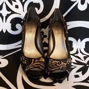 Guess Black Floral Lace Open Toe Heels
